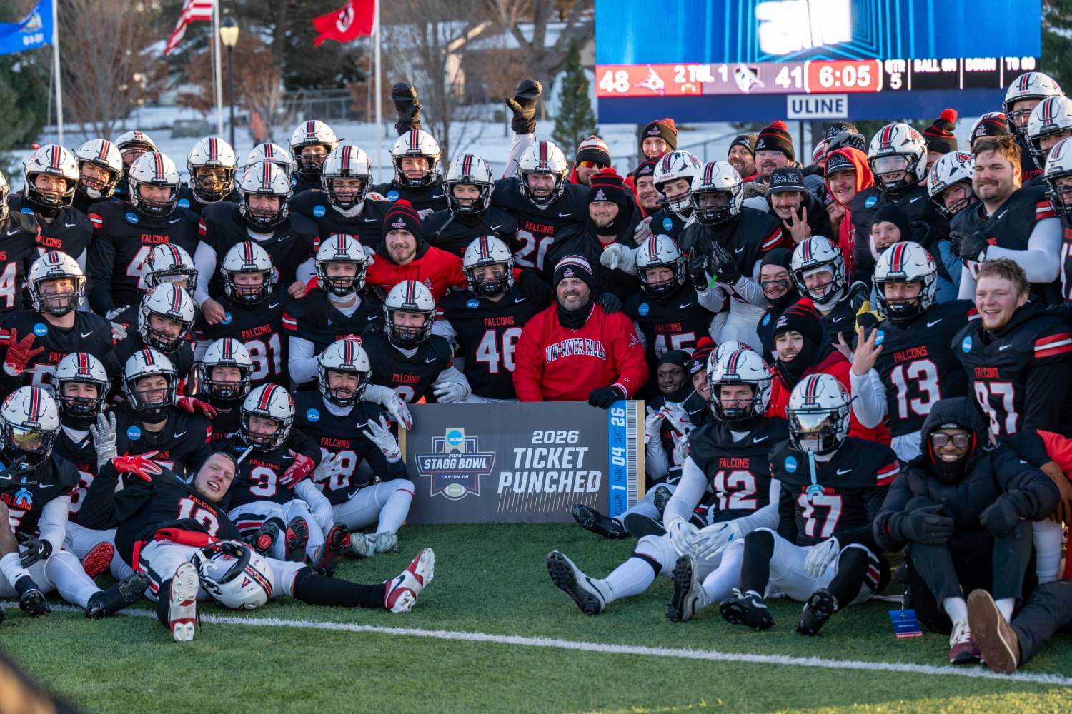 UWRF players gather for a team photo after a win in the Division III semifinals.