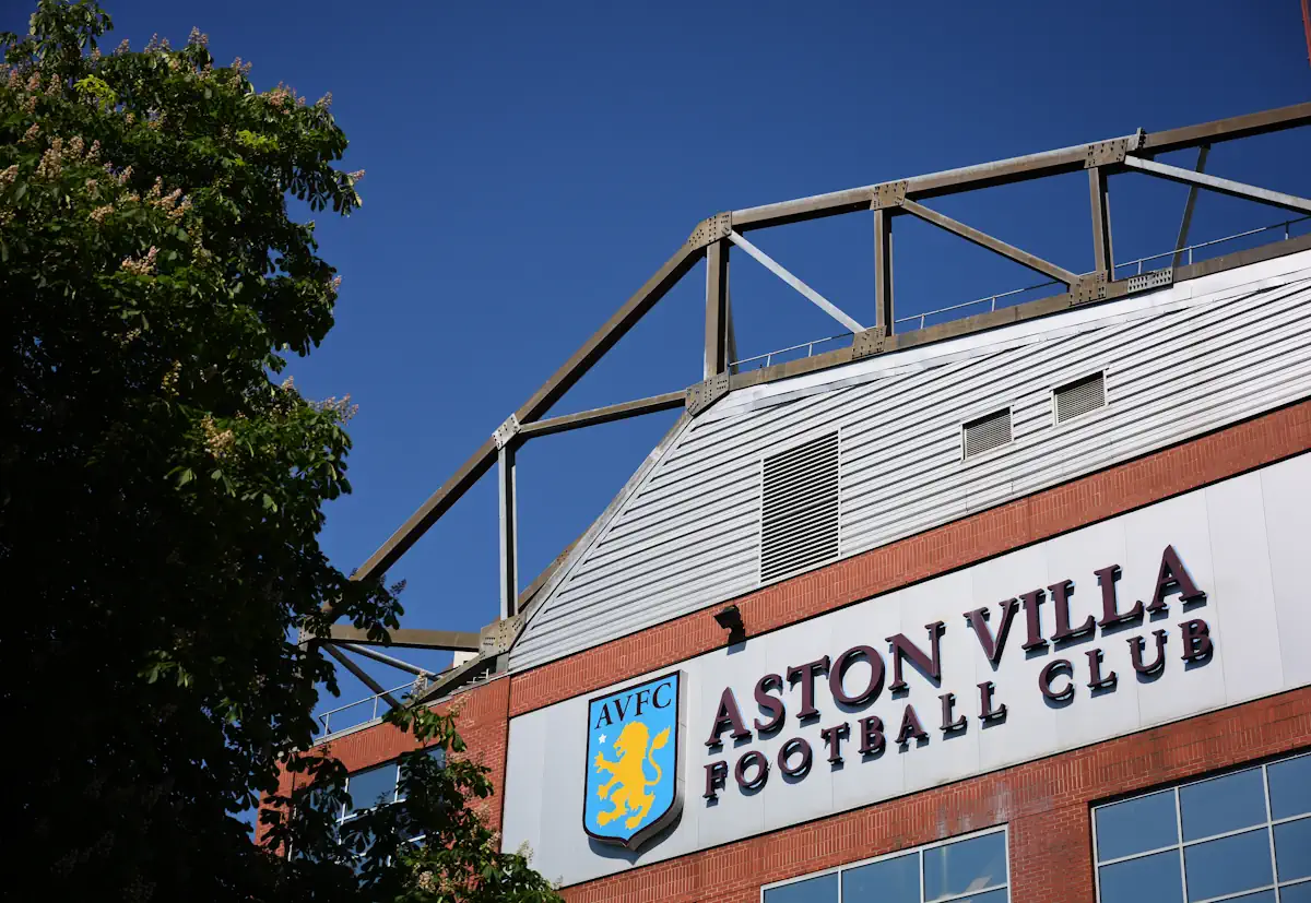 Aston Villa's Villa Park seen from the side with the club's logo and name spelled out