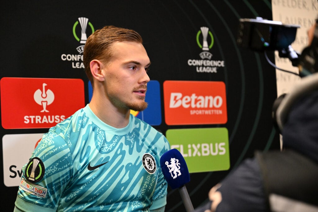 Chelsea goalkeeper Filip Jorgensen being interviewed