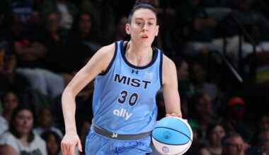 MEDLEY, FLORIDA - FEBRUARY 03: Breanna Stewart #30 of the Mist dribbles the ball against the Phantom during the second quarter at Wayfair Arena on February 03, 2025 in Medley, Florida. (Photo by Megan Briggs/Getty Images)