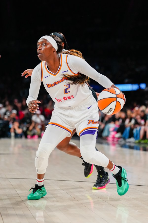 LAS VEGAS, NEVADA - MAY 06: Kahleak Copper #2 of the Phoenix Mercury looks on in the third quarter of a preseason game against the Las Vegas Aces at Michelob ULTRA Arena on May 06, 2025 in Las Vegas, Nevada