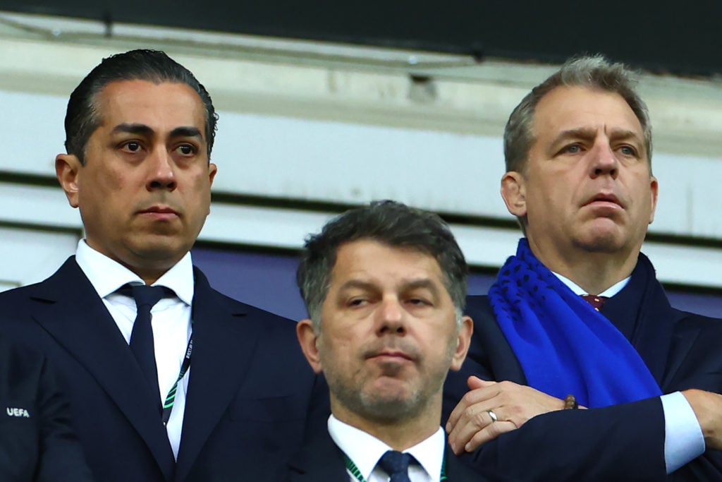 Todd Boehly and Behdad Eghbali watch on during Real Betis Balompie v Chelsea FC - UEFA Conference League Final 2025