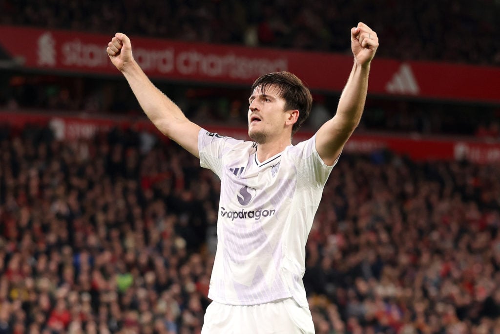 Harry Maguire celebrates scoring for Manchester United.