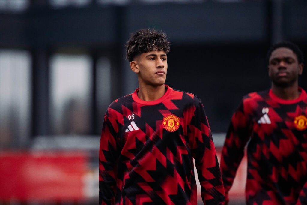 JJ Gabriel in Manchester United warm-up sweater.