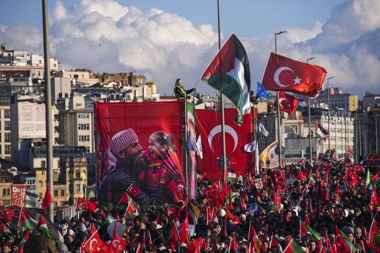 ISTANBUL, TURKIYE - JANUARY 1: Thousands of people have gathered across Istanbul to march in solidarity with Palestinians, calling for an end to war on Gaza, on January 1, 2026. The 'We Do Not Remain Silent, We Do Not Forget Palestine' rally, organised by the Humanitarian Alliance and the National Will Platform, brought together more than 400 civil society organisations. (Photo by Muhammed Ali Yigit/Anadolu via Getty Images)