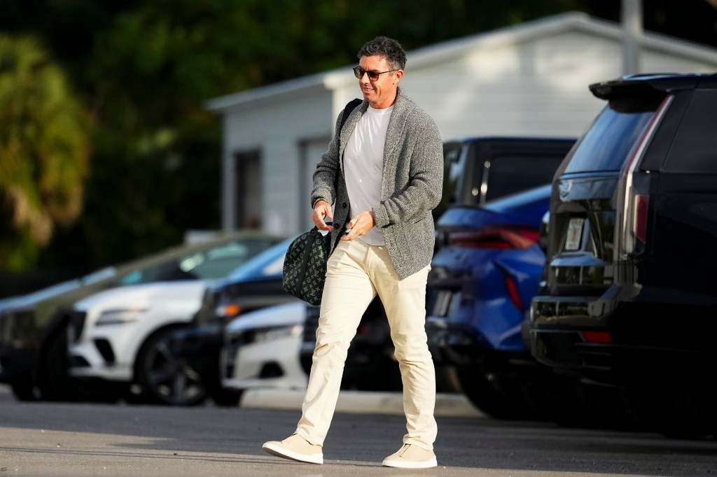 Rory McIlroy of Boston Common Golf arrives ahead of a match against Los Angeles Golf Club at SoFi Center on January 02, 2026 in Palm Beach Gardens, Florida. 