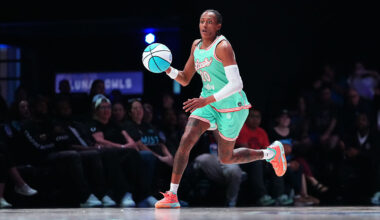 MEDLEY, FLORIDA - JANUARY 10: Brittney Sykes #20 of the Laces drives to the basket against the Mist during the third quarter at Sephora Arena on January 10, 2026 in Medley, Florida.