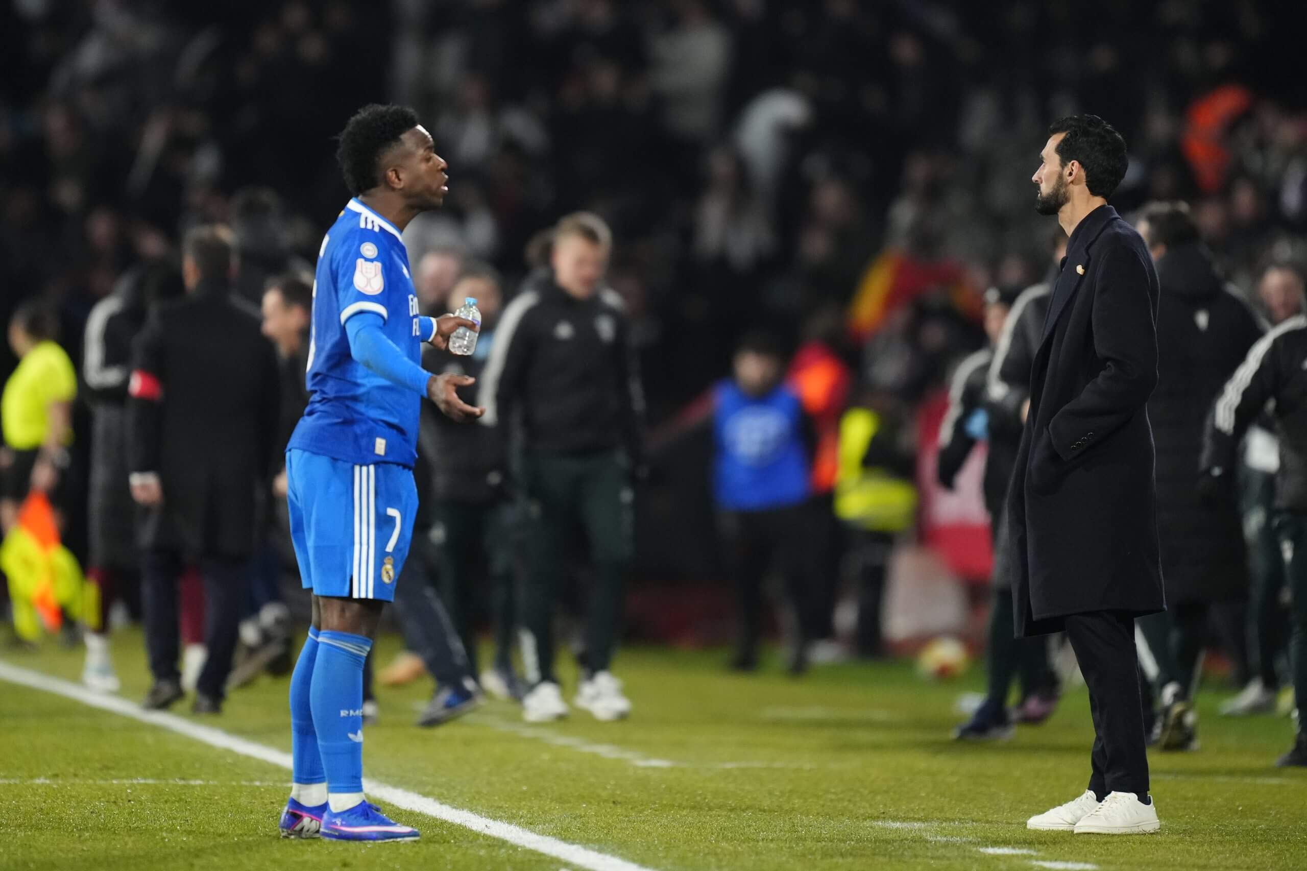 Vinicius Jr gestures to the Real Madrid bench in frustration