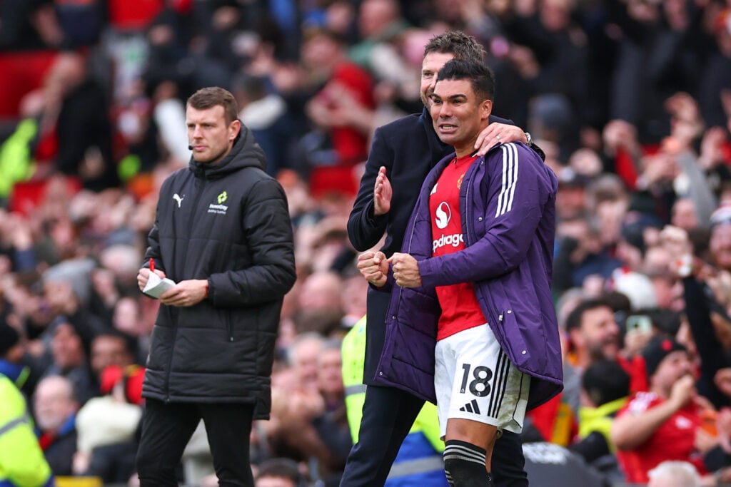 Manchester United head coach / manager Michael Carrick celebrates with Casemiro of Manchester United during the Premier League match between Manchester United and Manchester City at Old Trafford on January 17, 2026