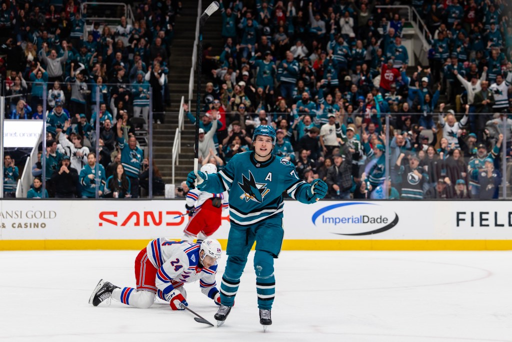 Macklin Celebrini #71 of the San Jose Sharks celebrates his second goal in the first period of a game against the New York Rangers on January 23, 2026 at SAP Center at San Jose in San Jose, CA.