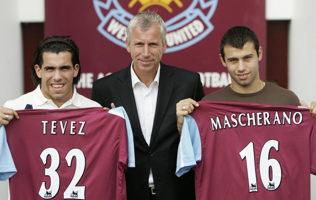 West Ham football Club manager Alan Pardew with Carlos Tevez and Javier Mascherano