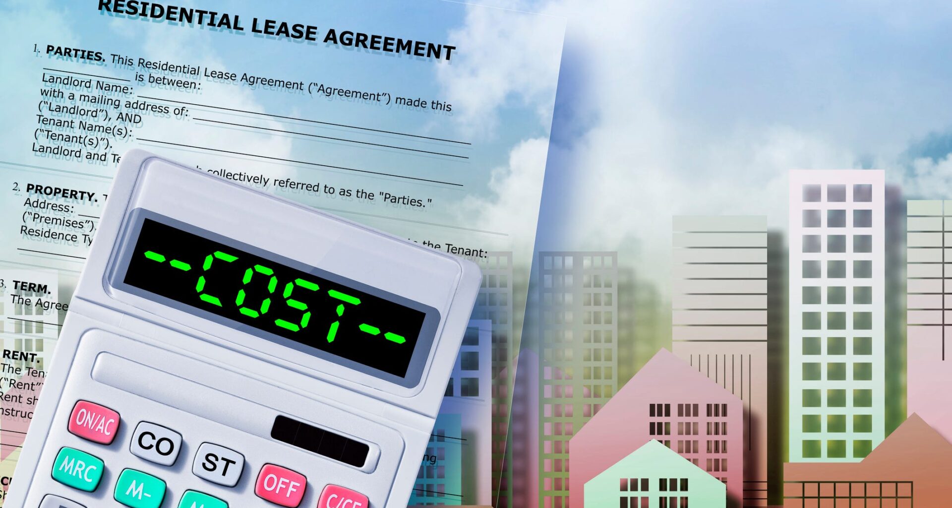 A Residential Lease Agreement and a calculator displaying the word "COST"