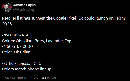 Google Pixel 10a price and launch leak MysteryLupin Twitter