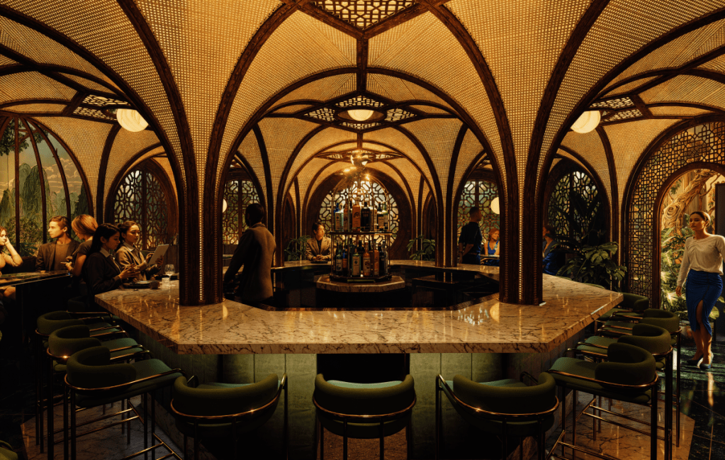 A rendering of a cocktail lounge.