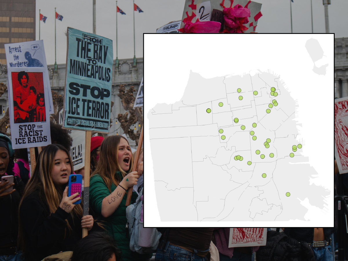 A group of protesters holding signs; overlaid is a map with green dots marking locations across a city grid.