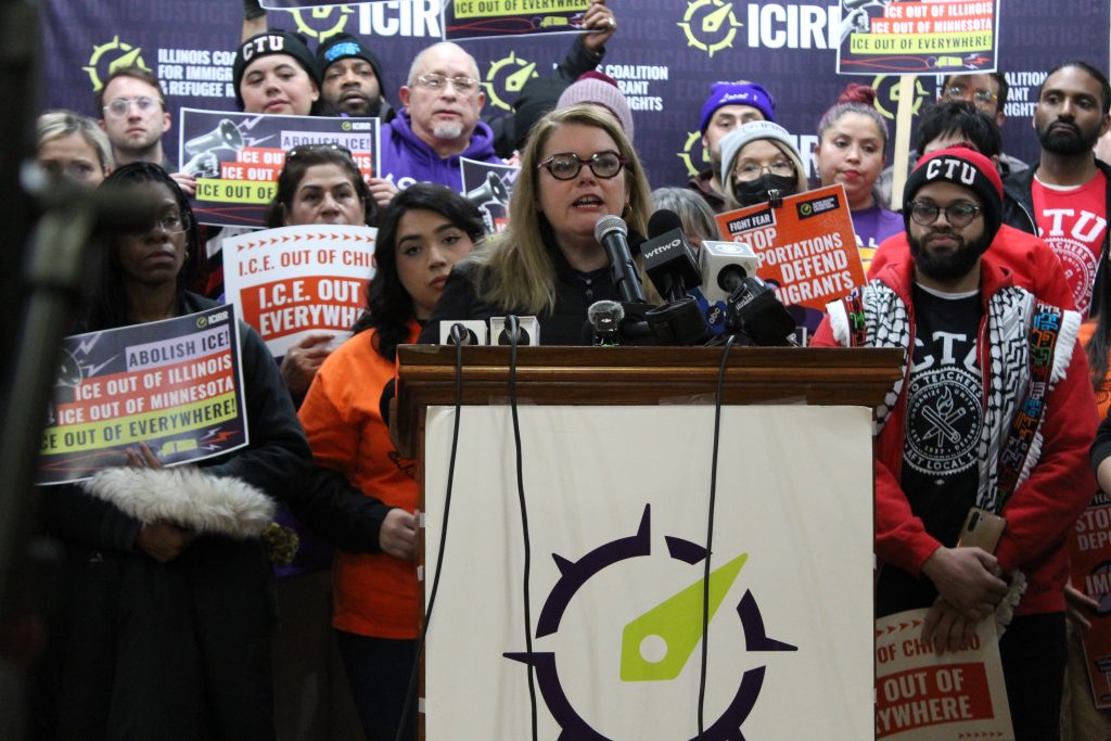 Genie Kastrup, president of SEIU Local One, speaks out against federal immigration enforcement in Minnesota during a press conference in Pilsen on Jan. 23, 2026