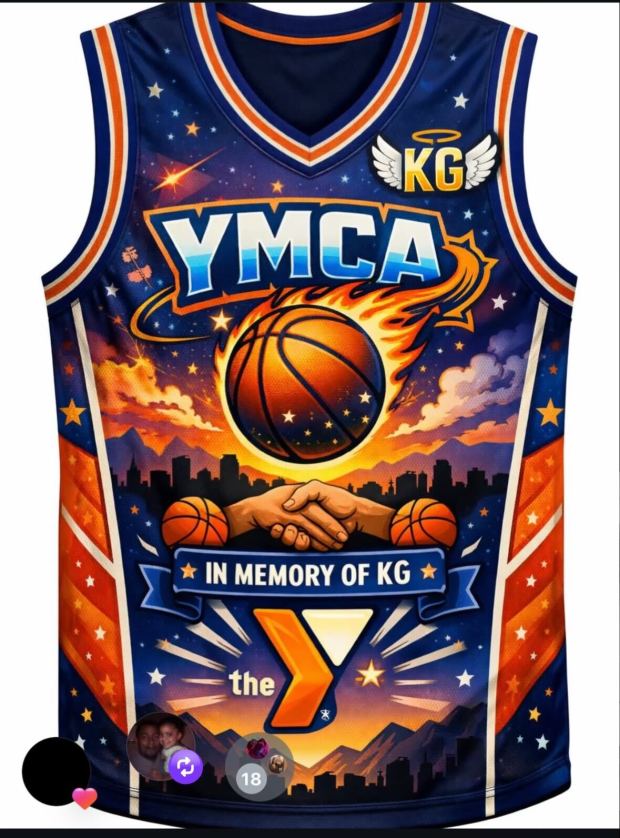 A memorial jersey that the YMCA Men's League made in Gill's honor. His team will wear it to games in their upcoming season. 