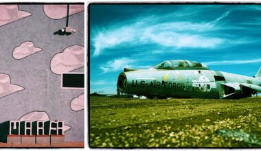 Left: A wall decorated with cowboy hat shapes, a window, and a row of chairs. Right: An abandoned, weathered U.S. Air Force jet resting on the ground under a blue sky with wispy clouds.