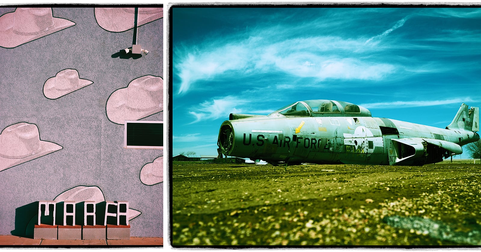 Left: A wall decorated with cowboy hat shapes, a window, and a row of chairs. Right: An abandoned, weathered U.S. Air Force jet resting on the ground under a blue sky with wispy clouds.
