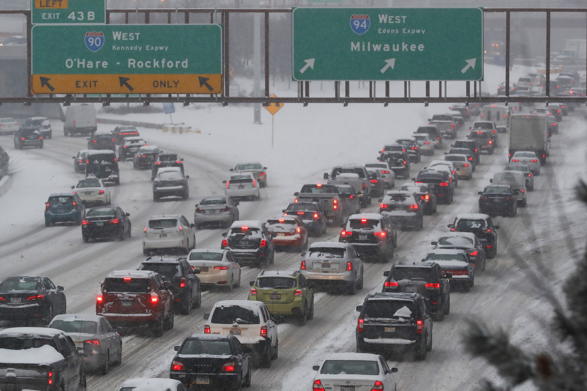 The outbound Kennedy Expressway, left, and Edens Expressway, right, in...