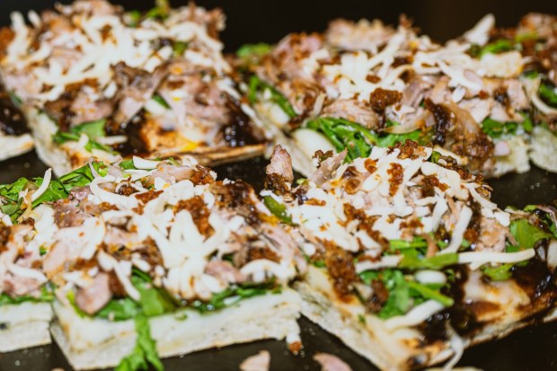 The Duck Carnitas Flatbread will be served at Crypto.com Arena's luxury suites in Los Angeles during the 68th Grammy Awards. (Photo by Ariel Goldberg, Crypto.com Arena)