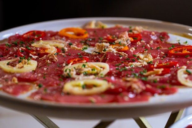 The Pressed Bluefin Tuna Crudo will be served at Crypto.com Arena's Delta SKY360° Club in Los Angeles during the 68th Grammy Awards. (Photo by Ariel Goldberg, Crypto.com Arena)