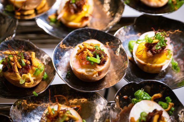 The "On-Sen Ramen" Deviled Eggs will be served at Crypto.com Arena's Delta SKY360° Club in Los Angeles during the 68th Grammy Awards. (Photo by Ariel Goldberg, Crypto.com Arena)