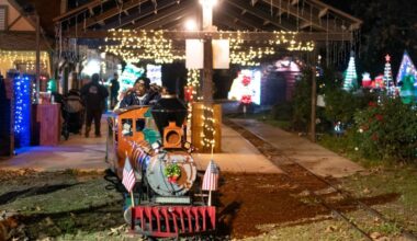 Families enjoy a ride on the Holiday Light Festival Train in Griffith Park – Daily News