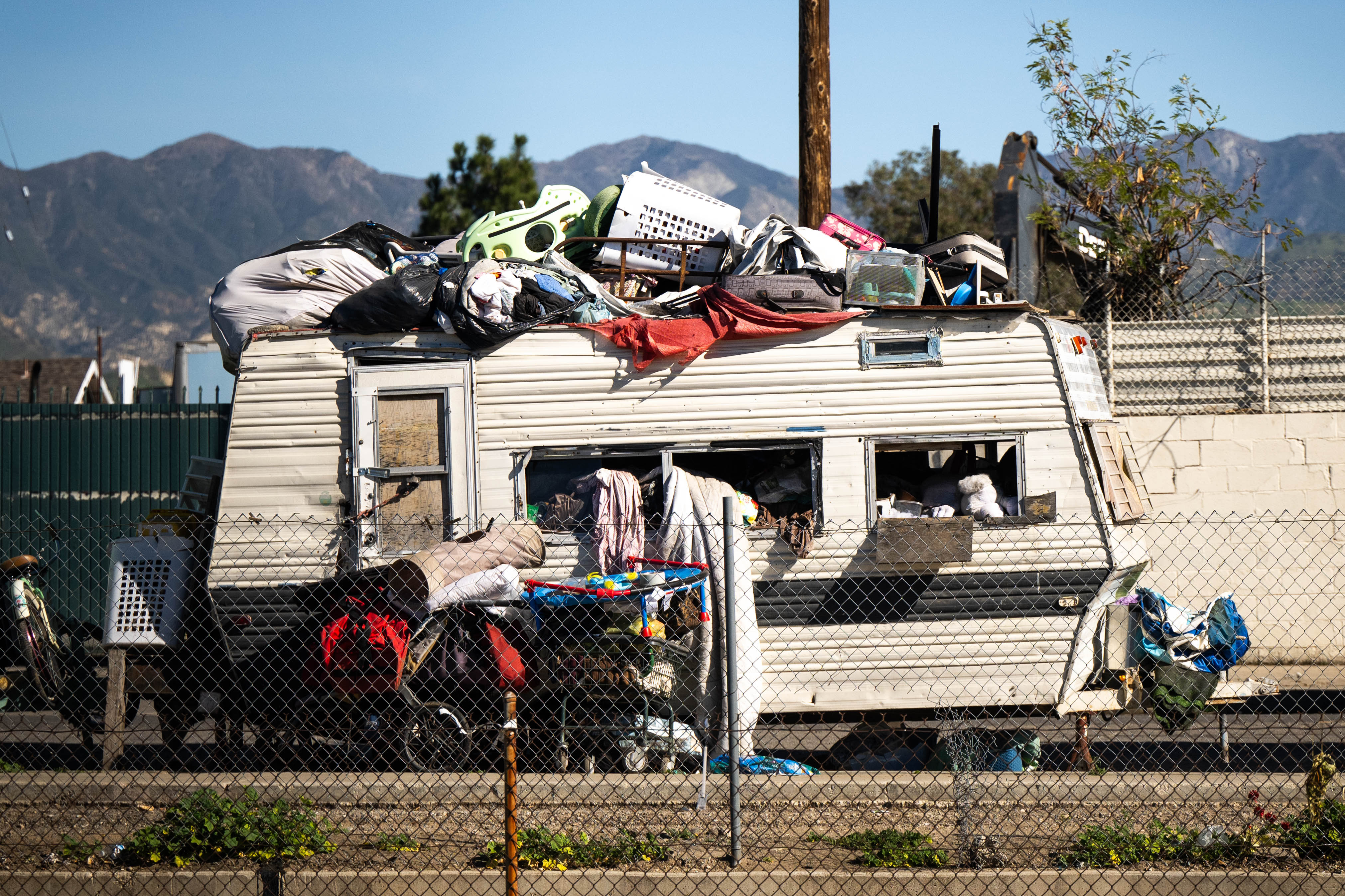 A trailer home is parked along San Fernando Road in...