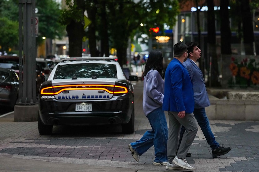 A Dallas Marshal's Office unit works at Pegasus Plaza on Sunday, May 18, 2025, in Dallas.