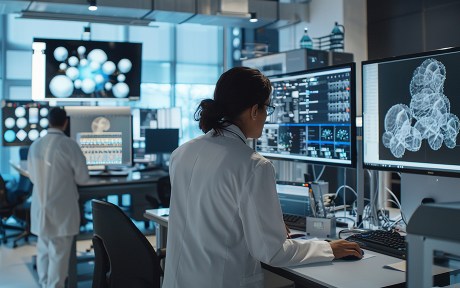 AI research facility, highlighting scientists or engineers work