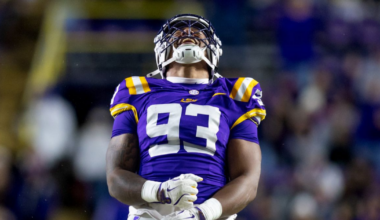 LSU DT Ahmad Breaux celebrates a tackle, via Stephen Lew-Imagn Images