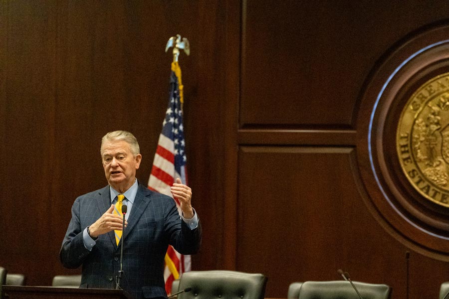 Gov. Brad Little speaks to reporters at a legislative preview hosted by the Idaho Press Club on Jan. 8, 2026, in the Idaho State Capitol.