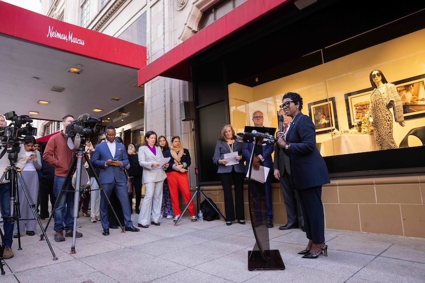 Dallas City Manager Kimberly Bizor Tolbert speaks during a Downtown Dallas Inc. press...