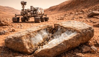 The Curiosity rover finds pure sulfur crystals on Mars after breaking through a rock in the Gediz Vallis channel, intriguing NASA scientists.