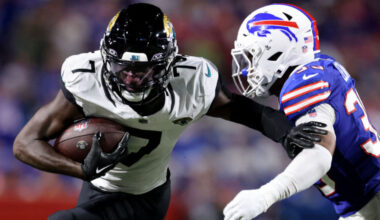 Brian Thomas Jr. #7 of the Jacksonville Jaguars is tackled by Cam Lewis #39 of the Buffalo Bills: How to watch Buffalo Bills vs. Jacksonville Jaguars online, livestream AFC Wild Card