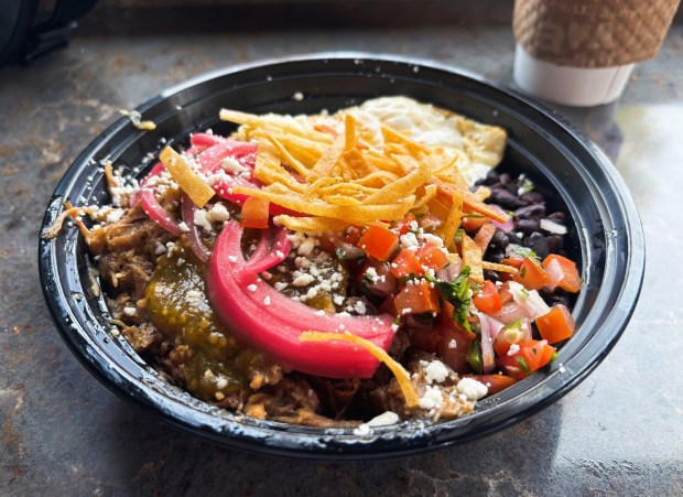 The Green Enchilada Breakfast Bowl from EggSactly in La Verne was the perfect power food to scarf down ahead of my Sunday hike. (Staff photo by Emily St. Martin, SCNG)