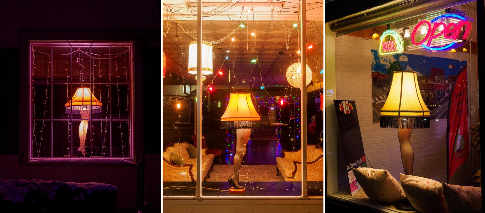 Three windows show glowing lamps with fringed shades and decorative bases, surrounded by string lights and cozy seating. One window also features a bright neon “OPEN” sign. The scenes are warmly lit and inviting.