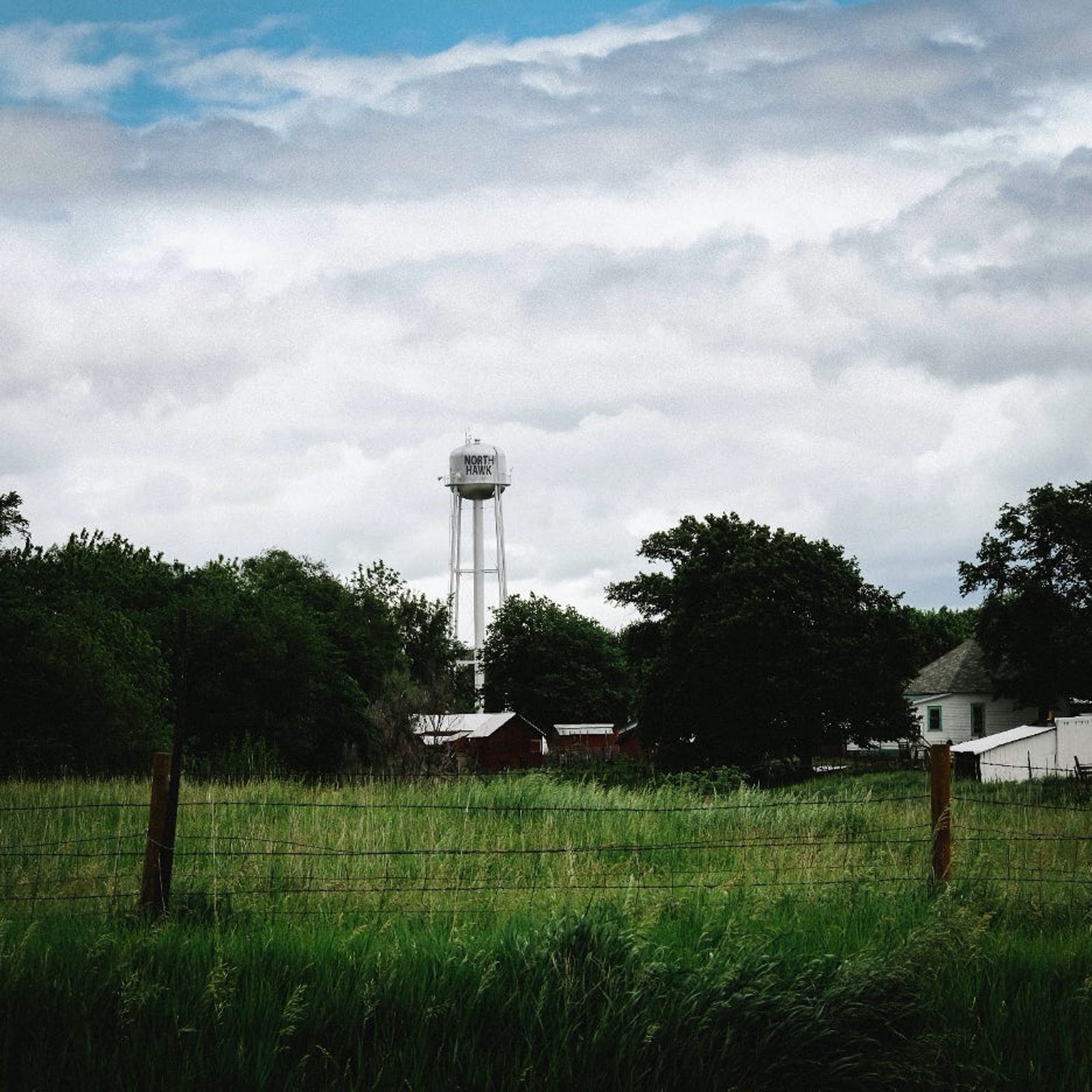 A tall white water tower rises above trees and rooftops under a cloudy sky, with a grassy field and a wire fence in the foreground.