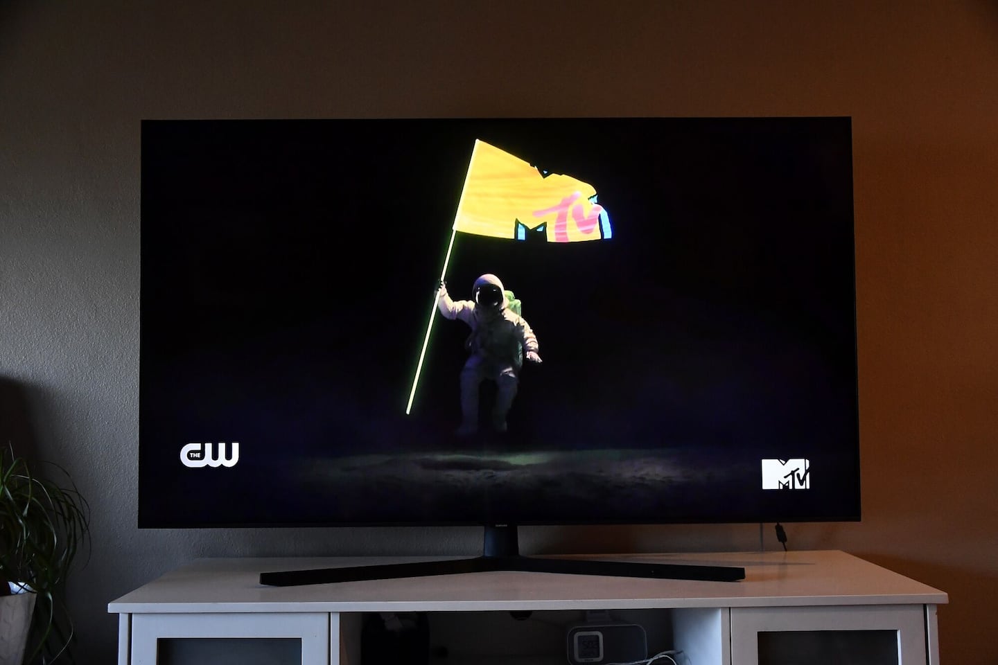 The MTV logo arranged on a television screen during the 2020 MTV Video Music Awards broadcast.