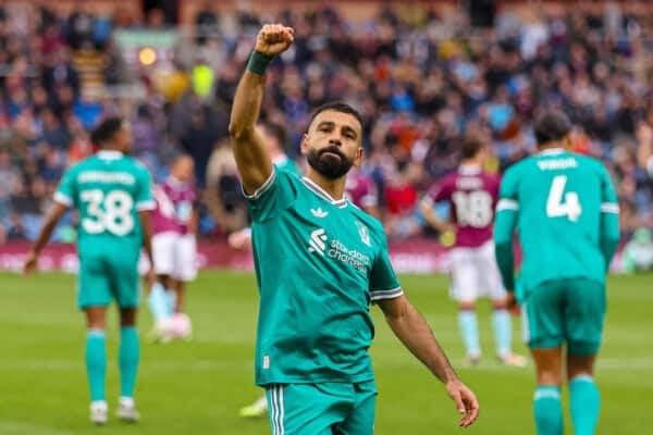 BURNLEY, ENGLAND - Sunday, September 14, 2025: Liverpool's Mohamed Salah celebrates after scoring the first goal via a penalty during the FA Premier League match between Burnley FC and Liverpool FC at Turf Moor. (Photo by David Rawcliffe/Propaganda)