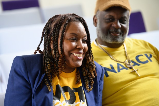 Benita White-Arnold, on left, speaks as her husband, Donnell Arnold, sits nearby as members of the NAACP East Chicago Chapter gather at Greater Destiny Bible Church on Friday, Jan. 16, 2026. (Kyle Telechan/for the Post-Tribune)