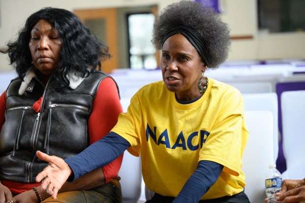 NAACP East Chicago Chapter member Georgette Rias-Baker speaks as members of the newly-reinstated organization gather at the church on Friday, Jan. 16, 2026. (Kyle Telechan/for the Post-Tribune)