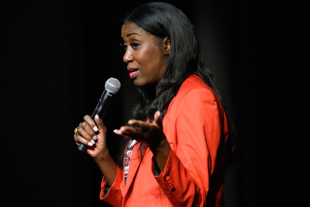 Former professional basketball player and coach Sylvia Crawley Spann speaks to students and visitors at Indiana University Northwest on Wednesday, Jan. 28, 2026. (Kyle Telechan/for the Post-Tribune)