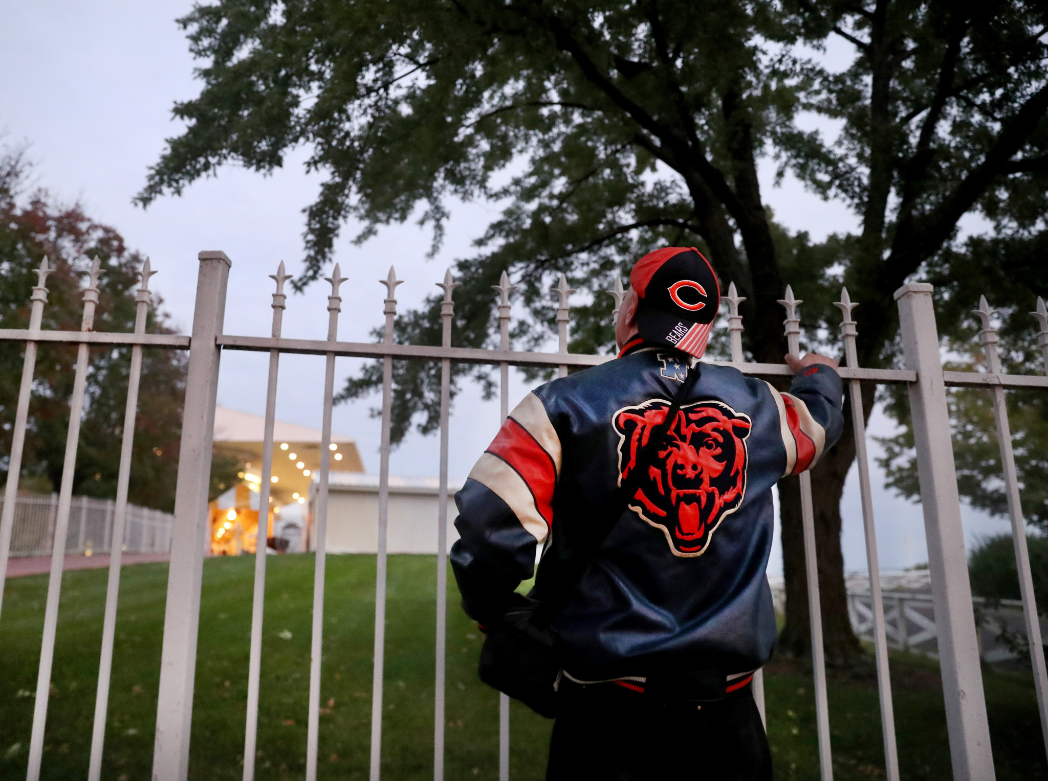 Selso NuÃ±ez, of Palatine, dressed in Bears garb, peeks over...