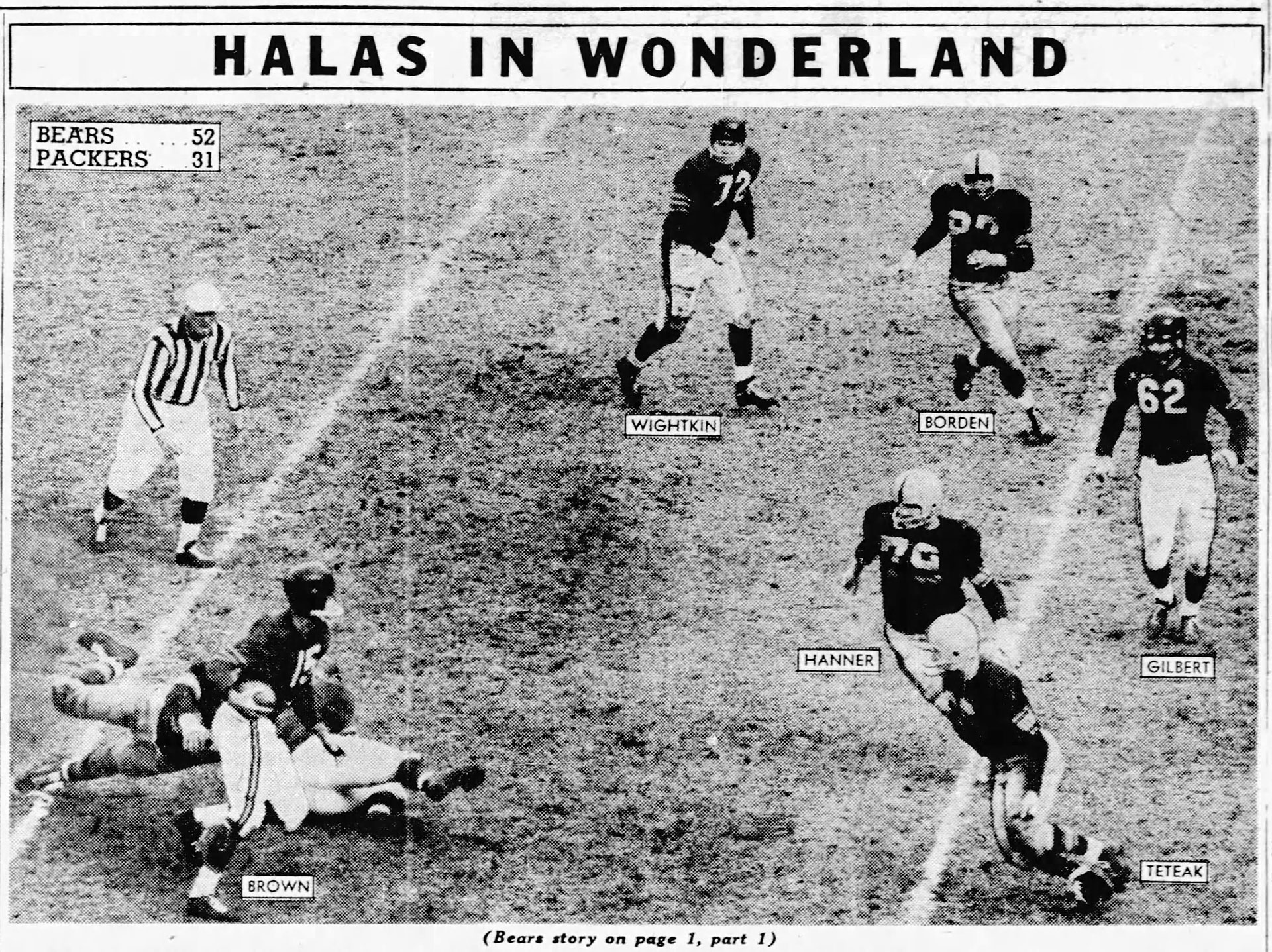 Ed Brown, Bears quarterback, gains 6 yards during a game against the Packers on Nov. 6, 1955. As published in the Nov. 7, 1955, edition of the Chicago Tribune. Ed Brown, Bears quarterback, gains 6 yards during a game against the Packers on Nov. 6, 1955. As published in the Nov. 7, 1955, edition of the Chicago Tribune.