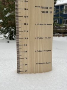 Snow gauge stuck in snow that reads 5 inches of accumulation