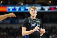 Dallas Mavericks forward Cooper Flagg (32) reacts after a foul was called against the...