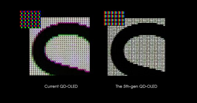 A depiction of text with with a QD-OLED with a triangular RGB subpixels versus an RGB-stripe OLED monitor.