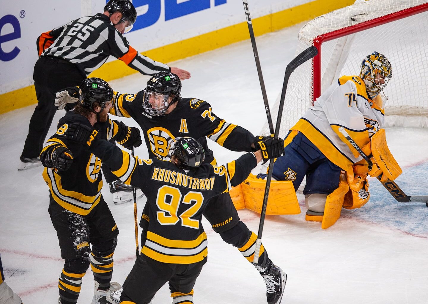 David Pastrnak (left) scored 15 seconds into overtime to give the Bruins a 3-2 win over the Predators on Tuesday night.